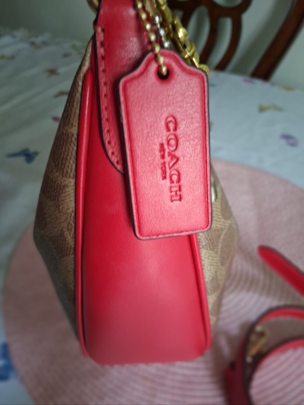 Coach Aria Brown Signature Crescent Shoulder Bag with Red Trim - Picture 7 of 11